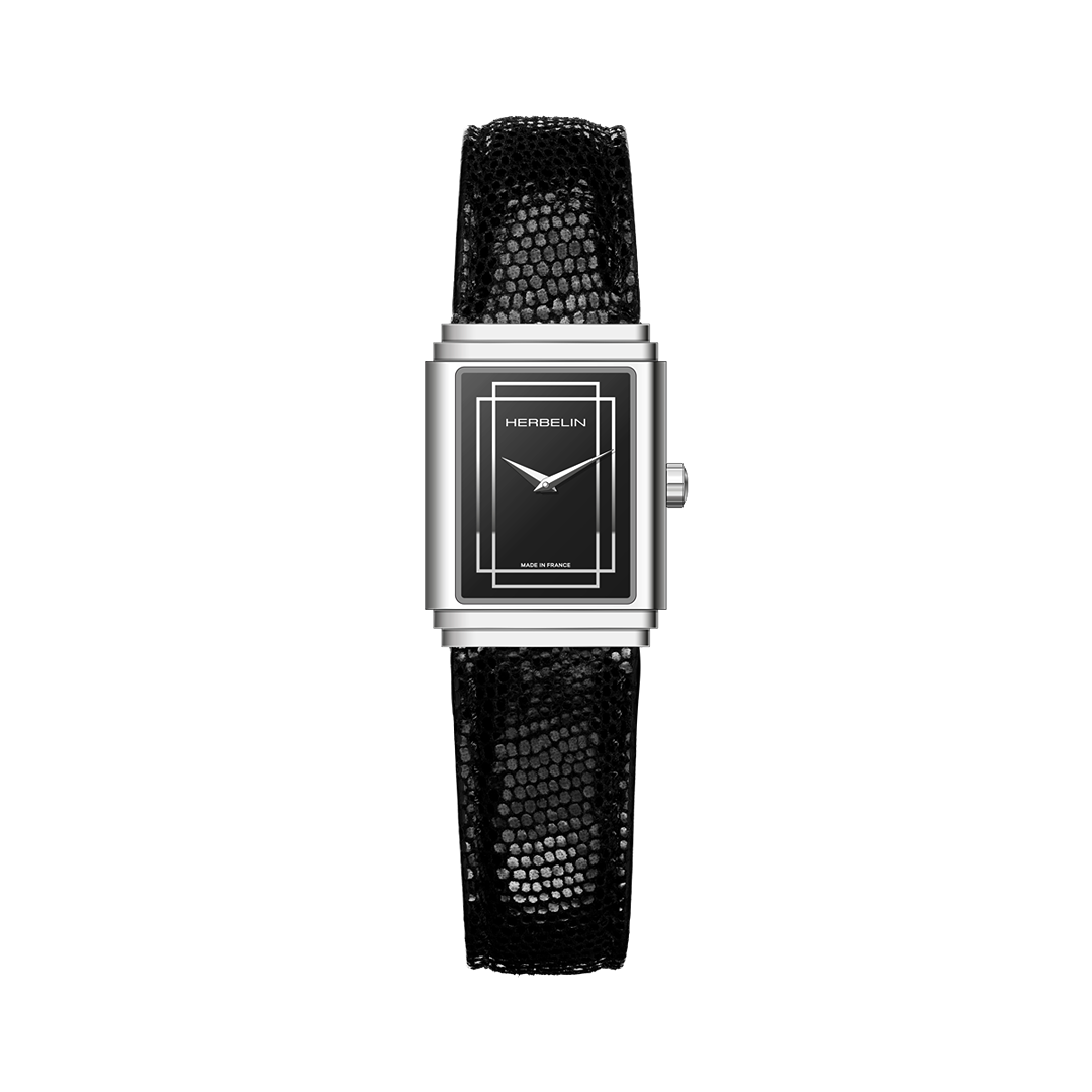 ART DECO EMPIRE QUARTZ ACIER / CUIR NOIR