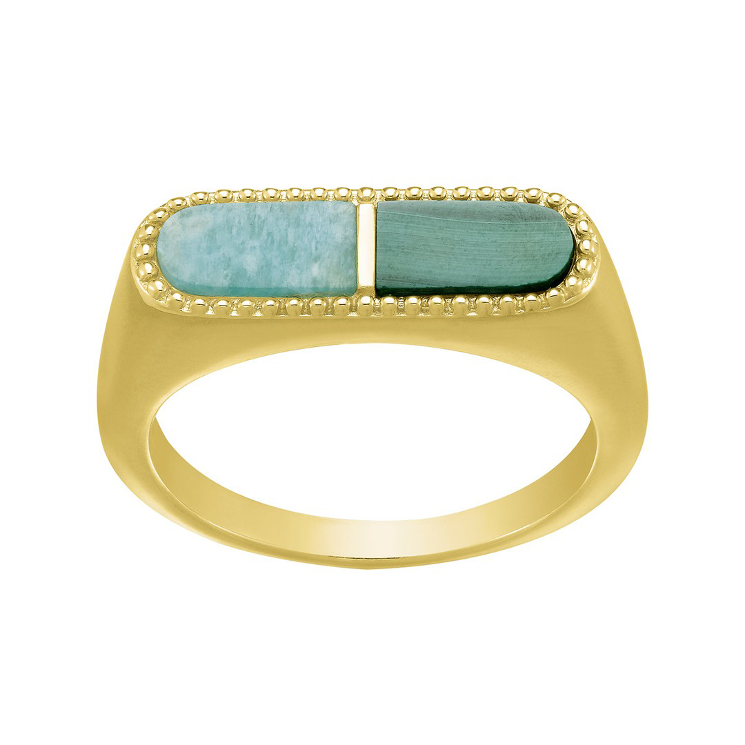 BAGUE ARGENT MASSIF DORÉ MALACHITE AMAZONITE