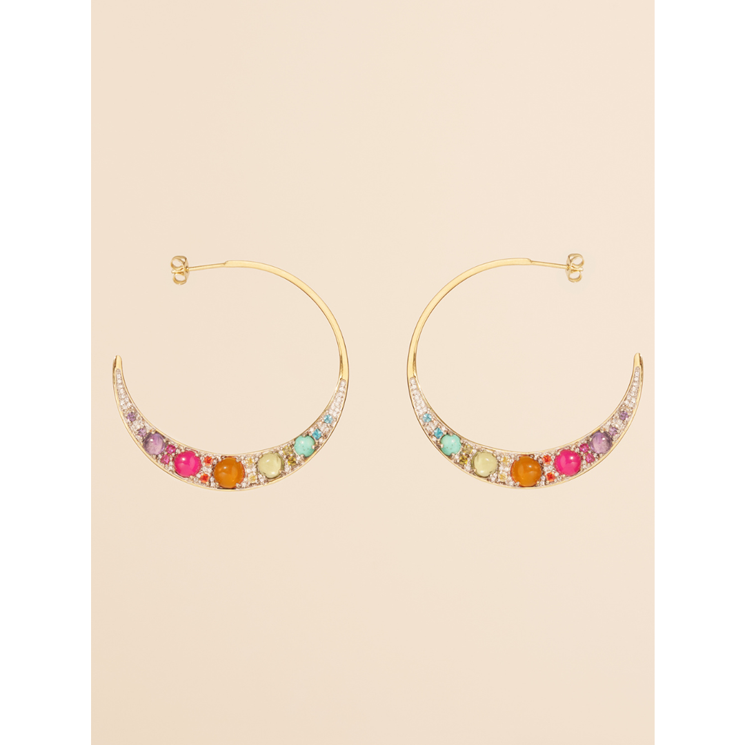 BOUCLES D'OREILLES CREOLES LAITON PIERRES ARC EN CIEL