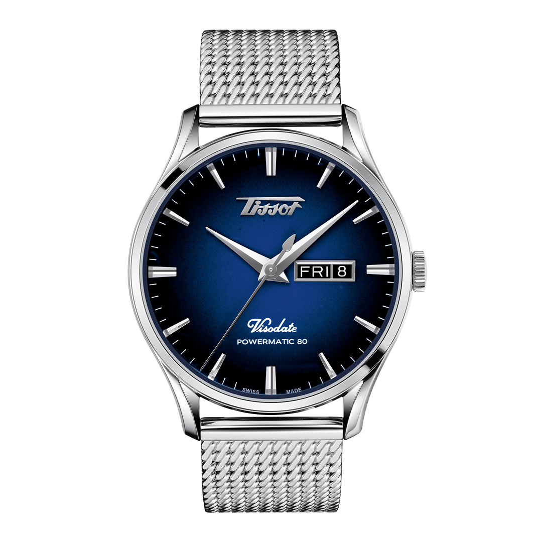 Tissot Visodate Powermatic 80 Tout Acier Milan Fond Bleu