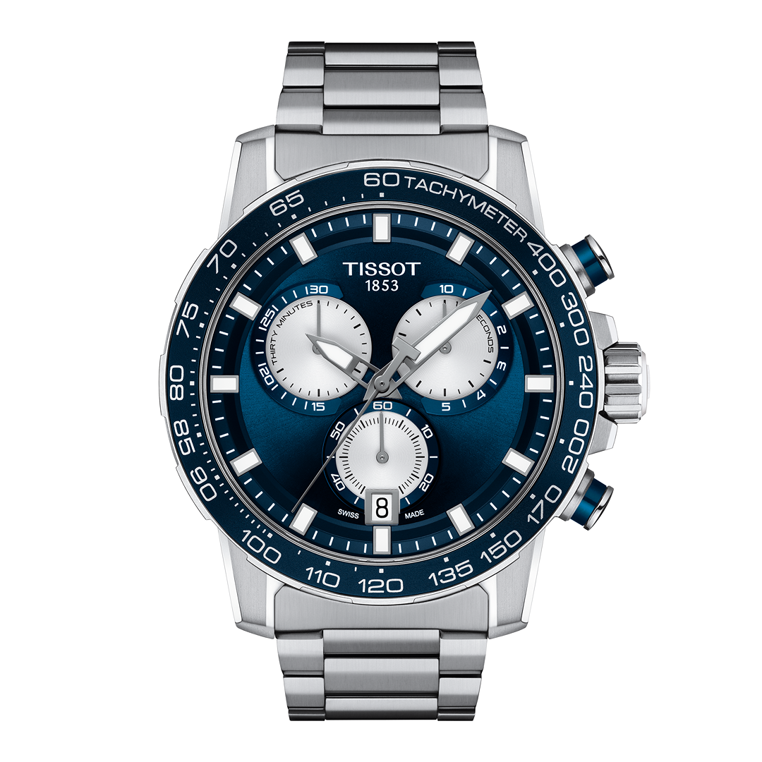 Tissot Chrono Quartz Tout Acier Fond Bleu