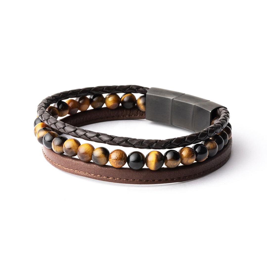 BRACELET TRIPLE OEIL DE TIGRE / CUIR