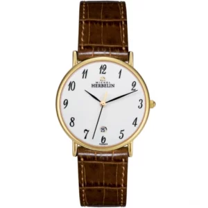 MONTRE RONDE QUARTZ DORE / BRACELET CUIR MARRON